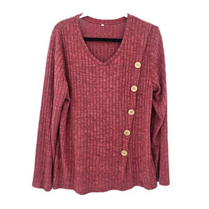 Women's Large Fashion Long Sleeve Strip False Button Loose Top V Neck